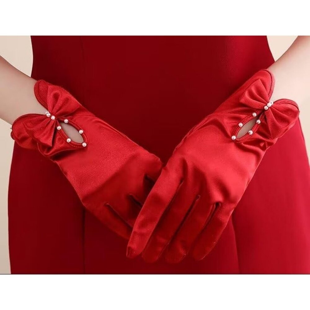 Women's White Short Satin Bow Gloves Flapper Halloween Party Tea Accessories - Picture 6 of 6